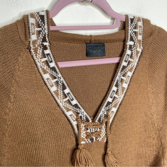 PEREZ Vintage Alpaca Hooded Sweater Aztec Trim Fringe Tan Camel {3D7} - Picture 2 of 4